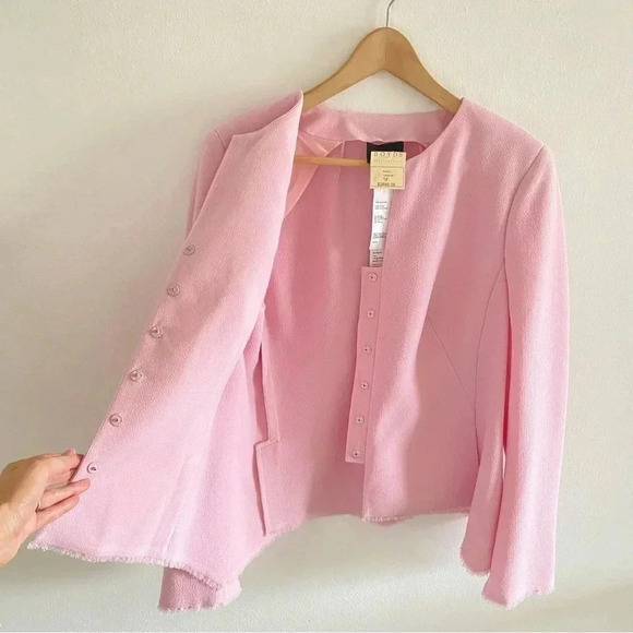 AKRIS Garry Pink Double-Faced Wool Crepe Fringe Jacket Sz 12 - Picture 12 of 16